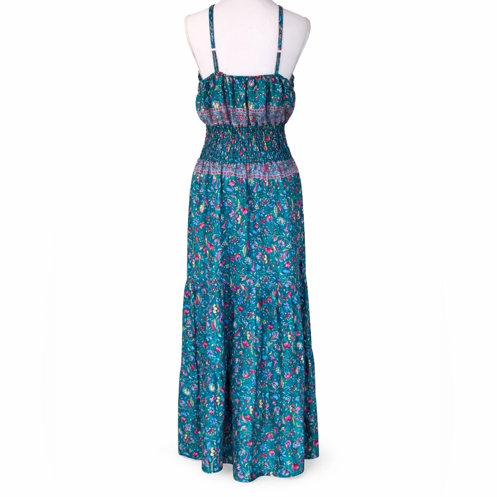 Boho Floral Smocked Waist Maxi Dress L Beach Festival Resort - Picture 3 of 6